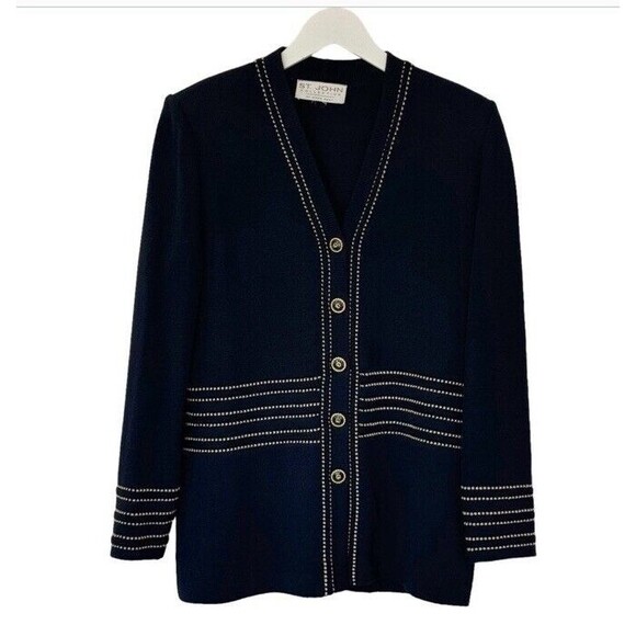 St. John Collection Black Gold Santana Knit V-Neck Cardigan...